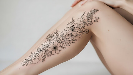 A delicate floral tattoo design gracefully adorns a woman's leg, featuring intricate linework and botanical elements.