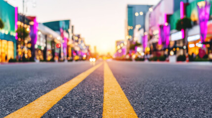 Urban road leading into blurred city lights reflecting on modern buildings during sunrise or sunset