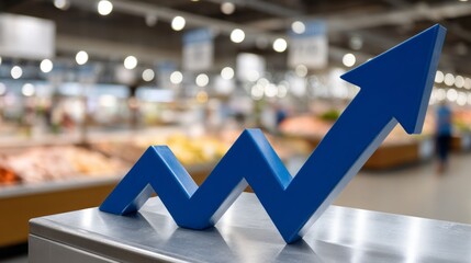 A blue arrow pointing upwards is on a silver surface. Concept of growth and progress