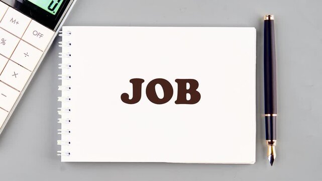 The word JOB is gradually revealed on a white notepad next to a Calculator and Pen. Steps towards discovering employment are visually represented - Powered by Adobe