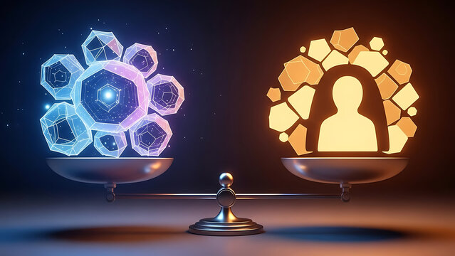 Abstract Balance Between Technology and People in Scales