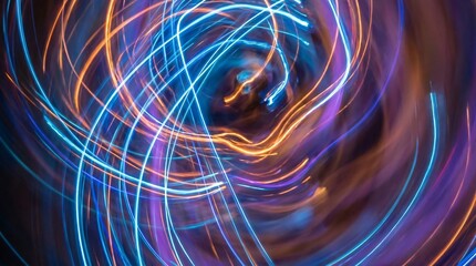 Swirling neon light trails in shades of blue orange and purple