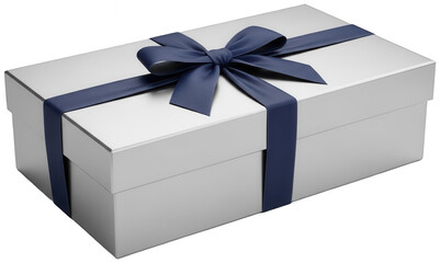 Minimalist white gift box adorned with a dark blue silk ribbon and bow against a transparent background