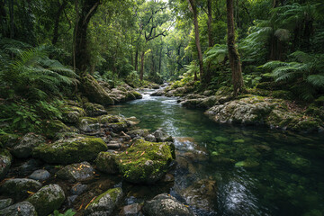 Obraz premium Rainforest river flowing through dense jungle with moss covered rocks and lush green foliage creating peaceful and vibrant natural scene full of life and tranquility