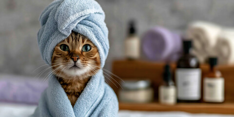 Bengal cat wearing blue spa robe and towel turban enjoying refreshing wellness and pampering session