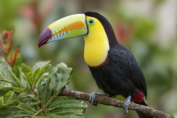 Fototapeta premium Tropical toucan perched on branch with vibrant yellow and black feathers, surrounded by lush green leaves in natural rainforest setting, showcasing exotic wildlife beauty