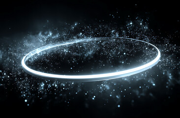 circle light. ring with bright light beam and star particles cosmic glow space background overlay PNG