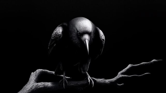 Dark Bird Portrait, Dramatic Portrait Of Black Raven Against Textured Wood With Intense Side Illumination