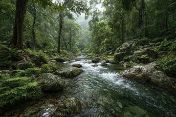 Obraz premium Rainforest wilderness with flowing freshwater stream surrounded by lush green trees and moss covered rocks creating peaceful and refreshing natural atmosphere