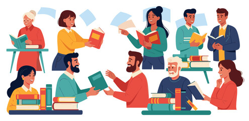 Bookcrossing concept. Happy people exchanging, borrowing and recommending paper books. Group of man and woman reading. Readers swap literature. Flat vector illustration isolated on white background