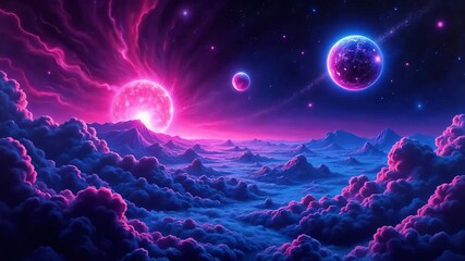 Cosmic alien landscape digital art in vibrant neon purple and blue colors representing futuristic fantasy universe - Powered by Adobe