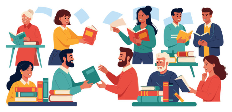 Bookcrossing concept. Happy people exchanging, borrowing and recommending paper books. Group of man and woman reading. Readers swap literature. Flat vector illustration isolated on white background