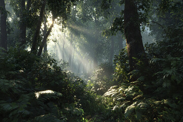 Dense rainforest with sunlight streaming through tall trees and lush green foliage creating serene and peaceful woodland atmosphere in soft morning light