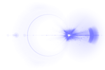 Abstract blue star lens flare with circular halo and horizontal light trail isolated on transparent grid background