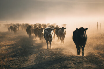 Cattle herd walking on dusty rural road at sunrise with warm light and misty atmosphere creating peaceful countryside farming scene