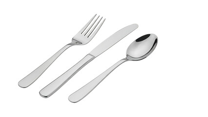 Stainless steel cutlery set: fork, knife and spoon, photorealistic 3D render on white background