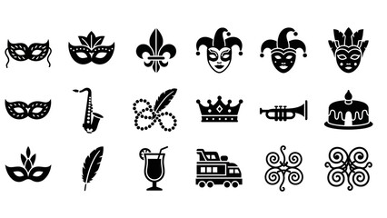 A collection of black silhouette icons representing Mardi Gras and carnival celebrations, including masks, musical instruments, beads, crowns, and festive elements. © GJ