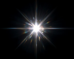 burst star, starburst. light beam flare. blue lens glow effect isolated on black background