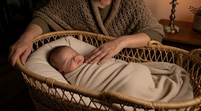 Mother Tenderly Caring for Newborn Baby.