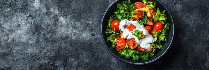 Delicious crispy chicken pieces salad with fresh tomatoes and creamy ranch dressing on dark table