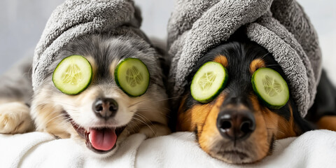 Dogs having a pampered spa day, relaxing with cucumber eye masks and towel wraps on a white bed