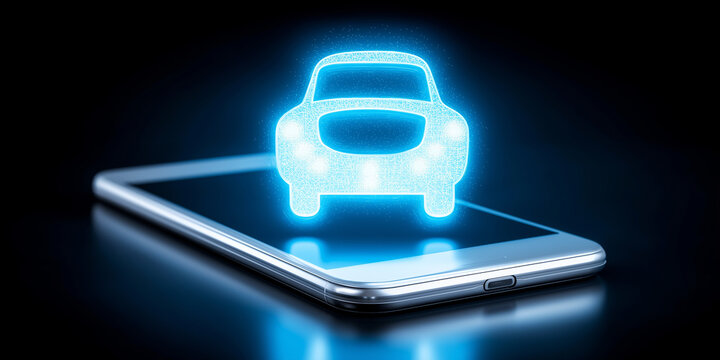 Digital car hologram hovering above smartphone screen, remote vehicle control and smart automotive technology app - Powered by Adobe