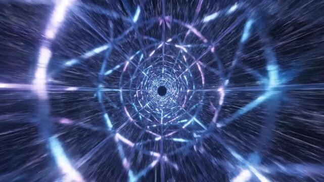 Seamless loop of a vibrant neon blue and purple hyperspace tunnel accelerating through a digital lattice structure creating a rabbit hole effect virtual reality, infinity, abstract background