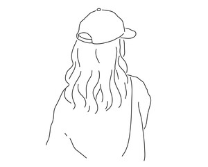 Back view of young woman wearing baseball cap line art vector illustration
