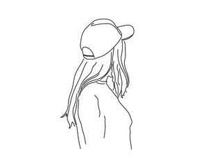 Back view of young woman wearing baseball cap line art vector illustration
