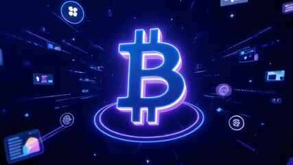 Bright neon bitcoin symbol orbits within a dark digital cyberspace filled with financial data visualizations. - Powered by Adobe