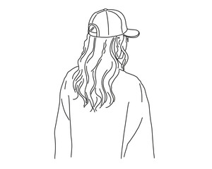 Back view of young woman wearing baseball cap line art vector illustration
