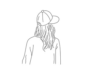 Back view of young woman wearing baseball cap line art vector illustration
