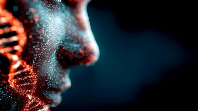 Futuristic DNA and Human Face Particle Concept for Science Innovation
