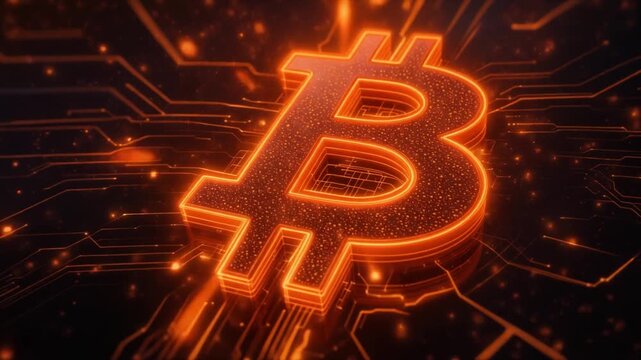 Glowing orange bitcoin symbol rests upon a dark circuit board representing decentralized finance technology.