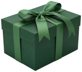 Elegant dark green matte gift box tied with silk ribbon bow ready for holiday presents and special occasion surprises