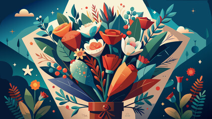 a vibrant illustration depicting a lush bouquet of red and white flowers arranged in a decorative vase with foliage high quality professional detailed modern elegant stylish