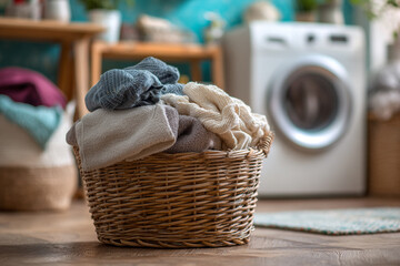 Obraz premium A woven basket overflows with soft clean laundry ready for washing in a laundry room setting