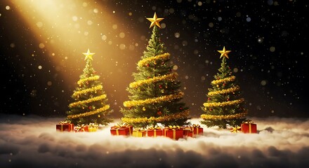 Fototapeta premium Christmas Trees Decorated with Lights and Gifts on Snowy Background
