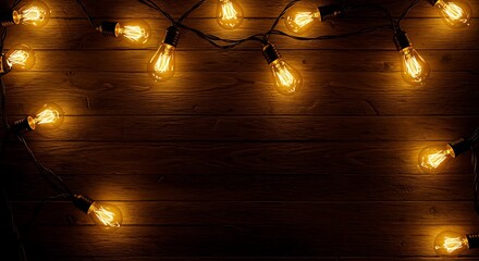 Warm Yellow String Lights on Dark Wooden Background