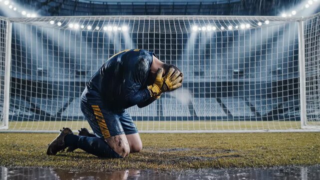 Disappointed adult man goalkeeper kneeling on a muddy soccer field in a stadium. Concept of failure and struggle