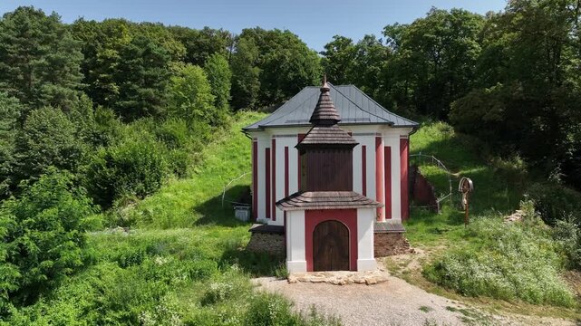 Aerial view of the church in Roznava, Slovakia - calvary