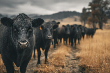 Fototapeta premium Black cow close up with herd in rural field under cloudy sky, evoking calm and natural agricultural lifestyle on misty day in countryside pasture
