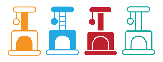 Fototapeta na wymiar Colorful cat towers for playful pets in modern homes. Cat tower icon and scratching post on white background.
