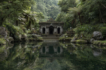 Ancient stone temple surrounded by lush tropical forest with large ferns and dense greenery reflected in calm water, creating serene and mystical atmosphere in nature