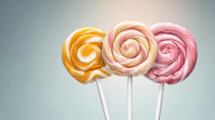 Three colorful spiral lollipops on sticks offering sweet variety and temptation against a light background