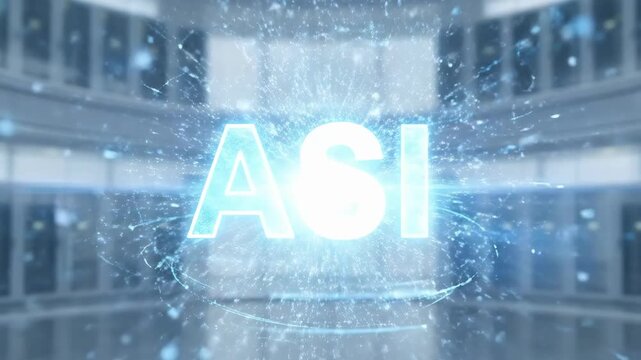 ASI concept reveal, blue glowing data sphere explodes and resolves into 'ASI' text, futuristic server room background