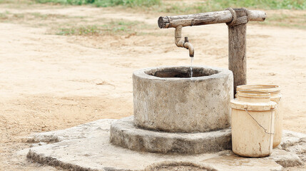 Naklejka premium Water scarcity in an African village, a slow dripping well providing limited clean water with empty containers waiting