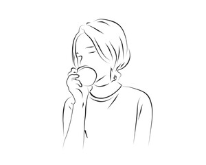 Ink line art illustration of a relaxed woman drinking coffee with eyes closed
