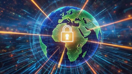 Glowing digital globe showcases central padlock representing worldwide data security and protection. - Powered by Adobe