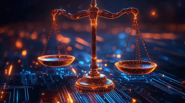 Justice Scales Symbol on Digital Circuit Board Background for AI Ethics and Cyber Law Concept